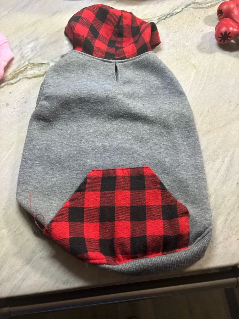 Gray Dog Hoodie with Red Buffalo Plaid Hood & Pocket